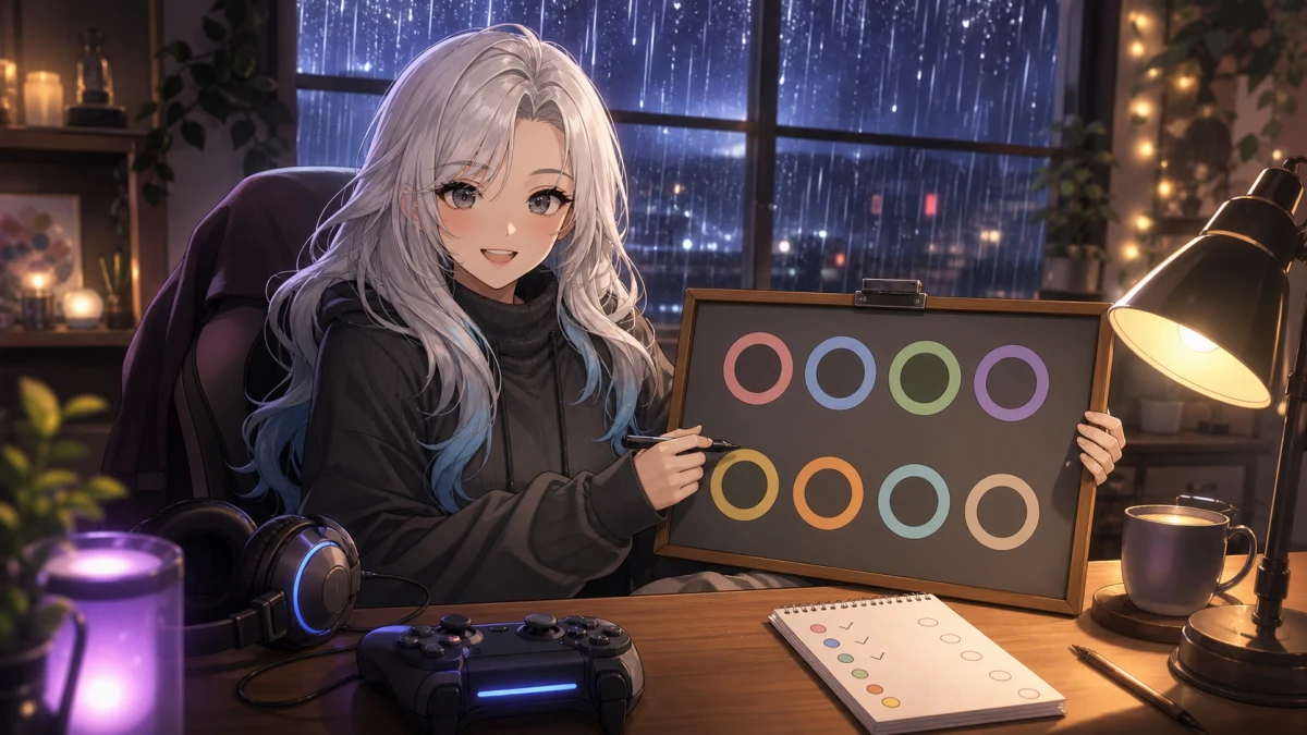雨の夜にゲームロビーを整える配信机と参加リストのイメージ