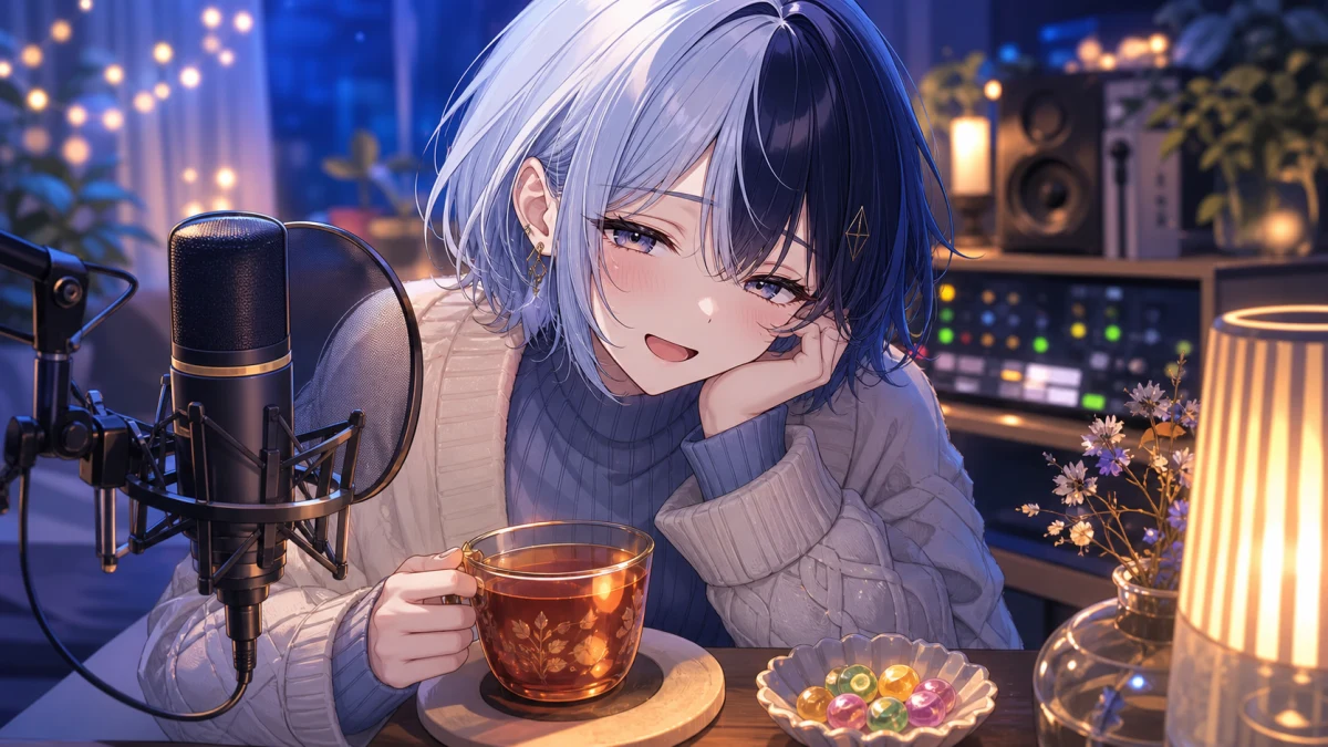 夜の配信部屋でマイクと温かい飲み物を前に歌い出すオリジナル女性キャラクターのイメージ