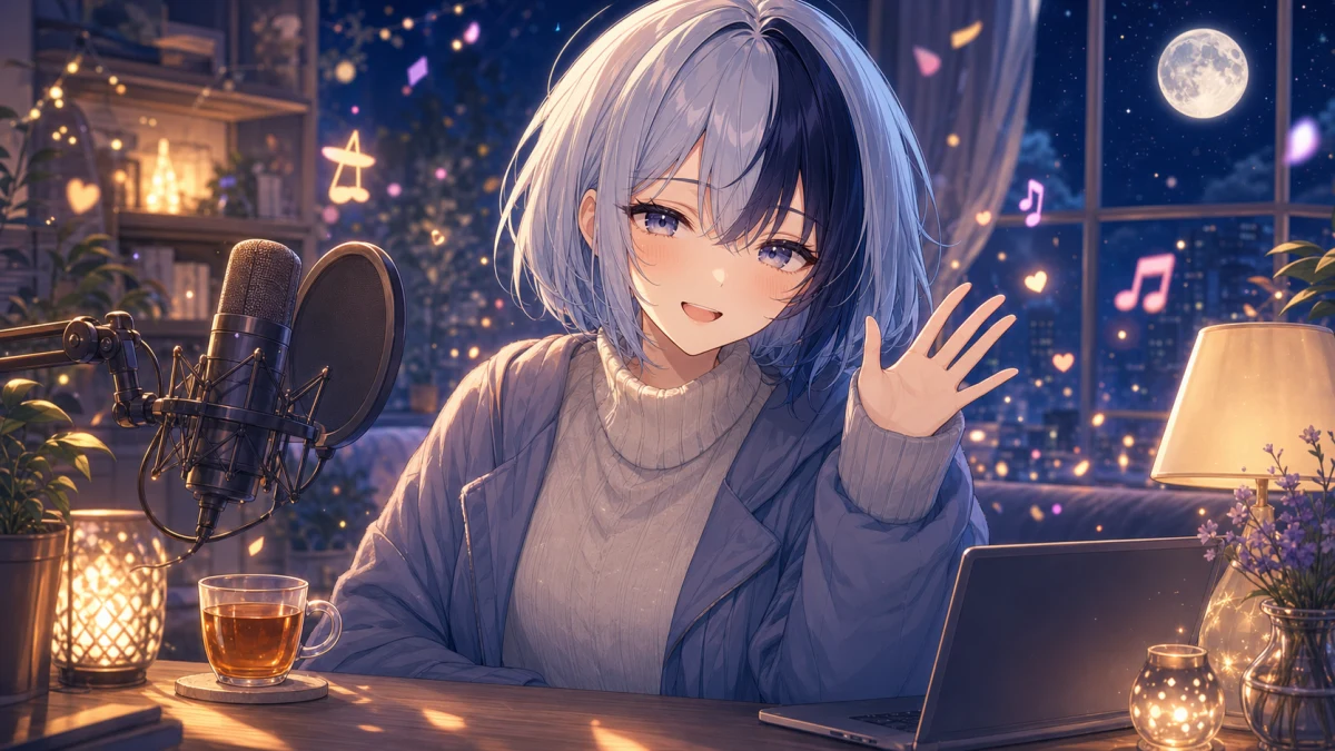 夜更けの配信部屋で拍手の光とスケジュールメモを眺めるオリジナル女性キャラクターのイメージ