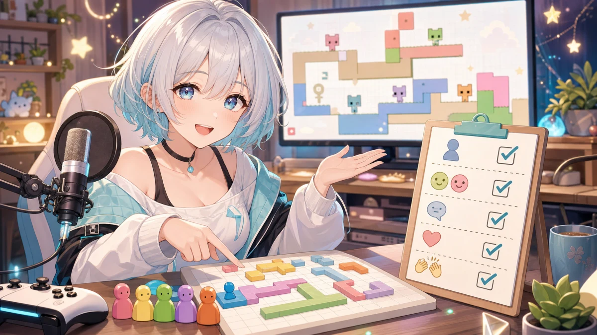 配信机で参加ルールのメモと青いコマを確認するかわいいオリジナルキャラクターのイメージ