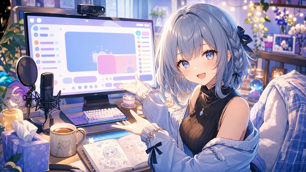水色の髪のオリジナル女性キャラクターが新しい配信レイアウトを見せる配信机のイメージ