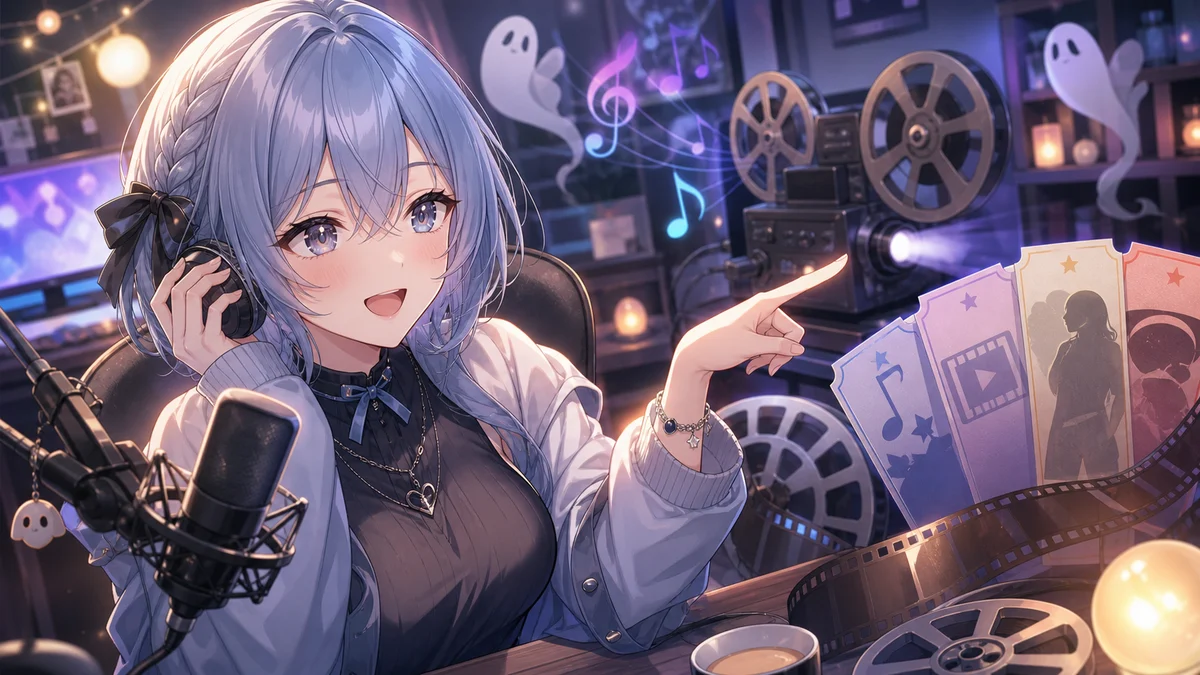 水色の髪のオリジナル女性キャラクターがヘッドホンとフィルムリールの前で音楽と映画の話を整理するイメージ