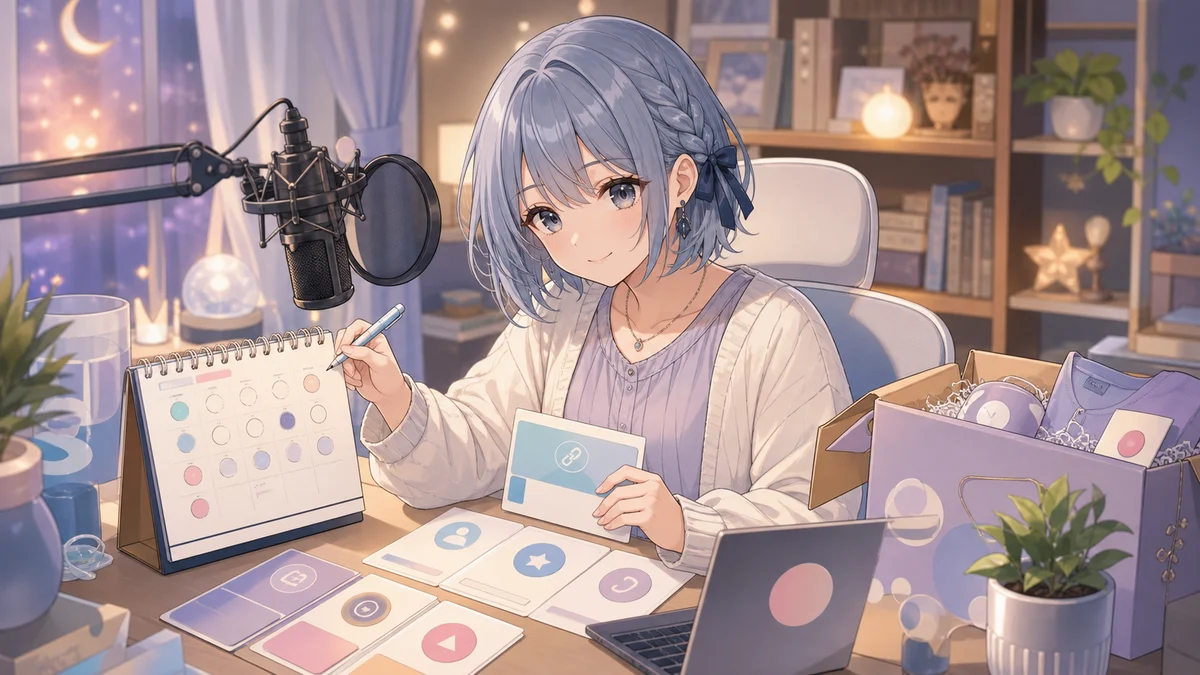 水色の髪のオリジナル女性キャラクターがカレンダーと抽象リンクカードを並べる配信机のイメージ