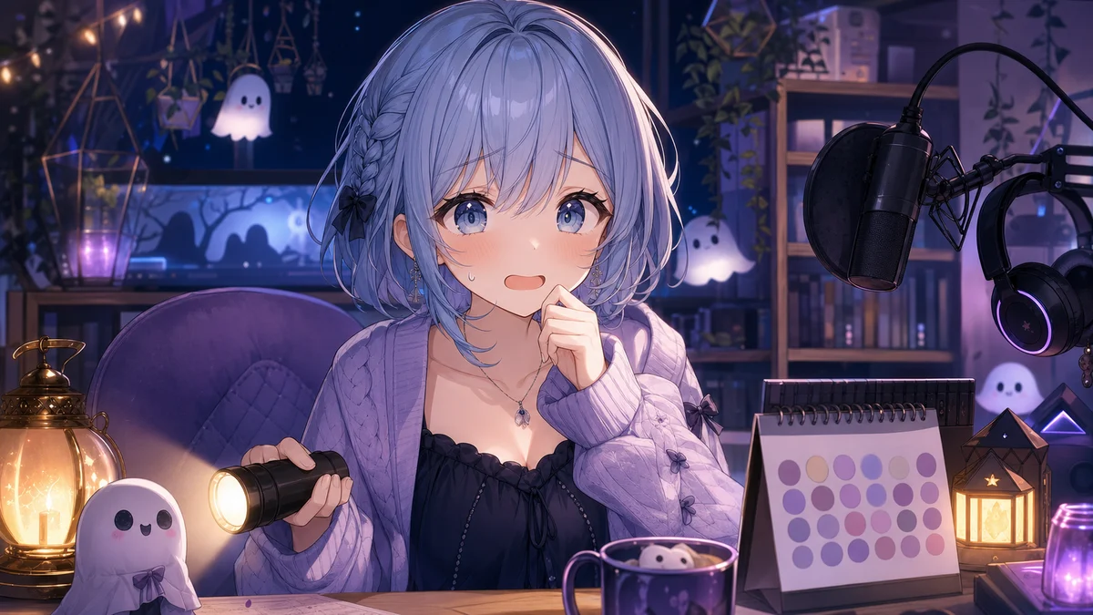 水色の髪のオリジナル女性キャラクターが懐中電灯を持ち小さな幽霊飾りのある配信机で怖がるイメージ