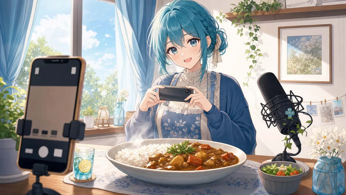 明るい朝の配信部屋でカレー皿、スマートフォン、マイクを前に食卓を囲むイメージ