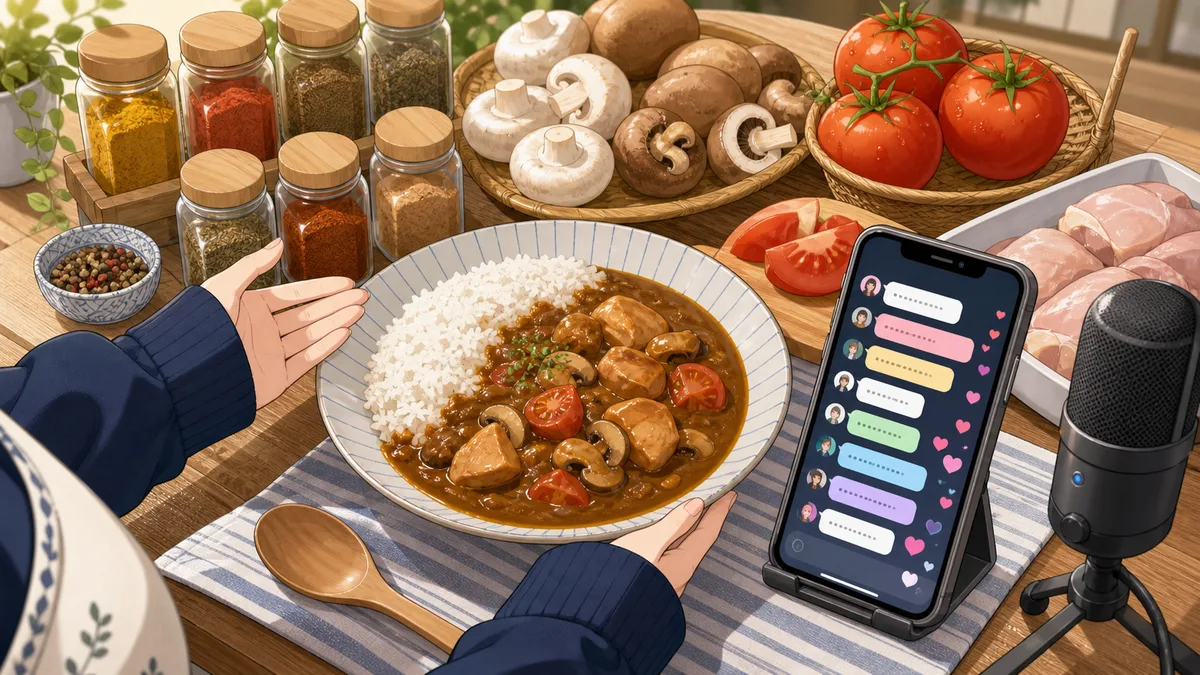 カレー皿の横にスパイス瓶、きのこ、トマト、鶏肉、コメント画面を並べたイメージ