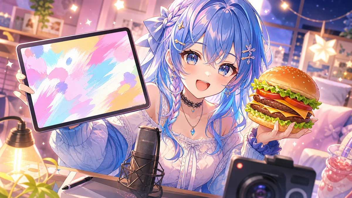 明るい配信部屋で水色髪の女性キャラクターが大きな無地のバーガーと手描き素材風のタブレットを見せるイメージ