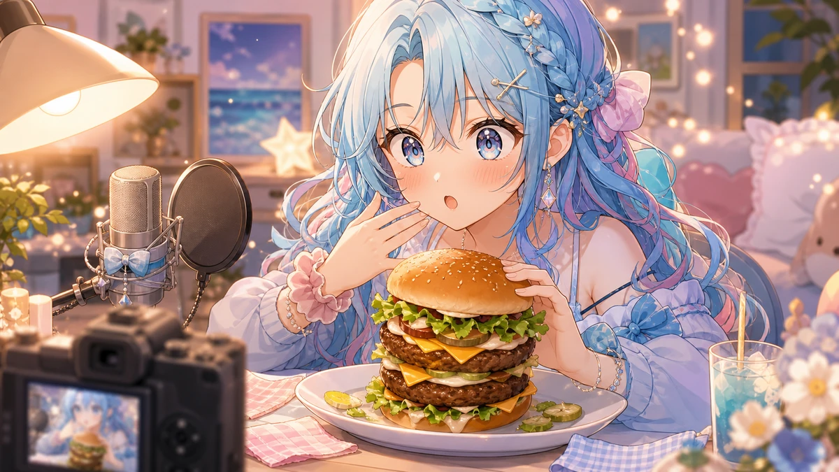 配信机で水色髪の女性キャラクターが無地の大きなバーガーを前に驚きながら味を確かめるイメージ