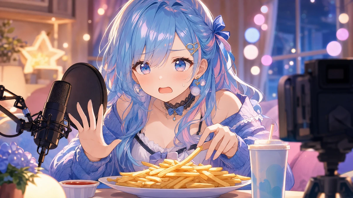 水色髪の女性キャラクターが配信マイクと山盛りの無地ポテトを前に話すか食べるか迷うイメージ