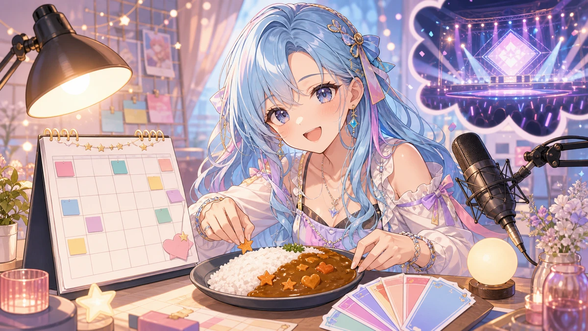 水色髪の女性キャラクターがカレー皿とカレンダーと小さなステージライトを配信机に並べるイメージ
