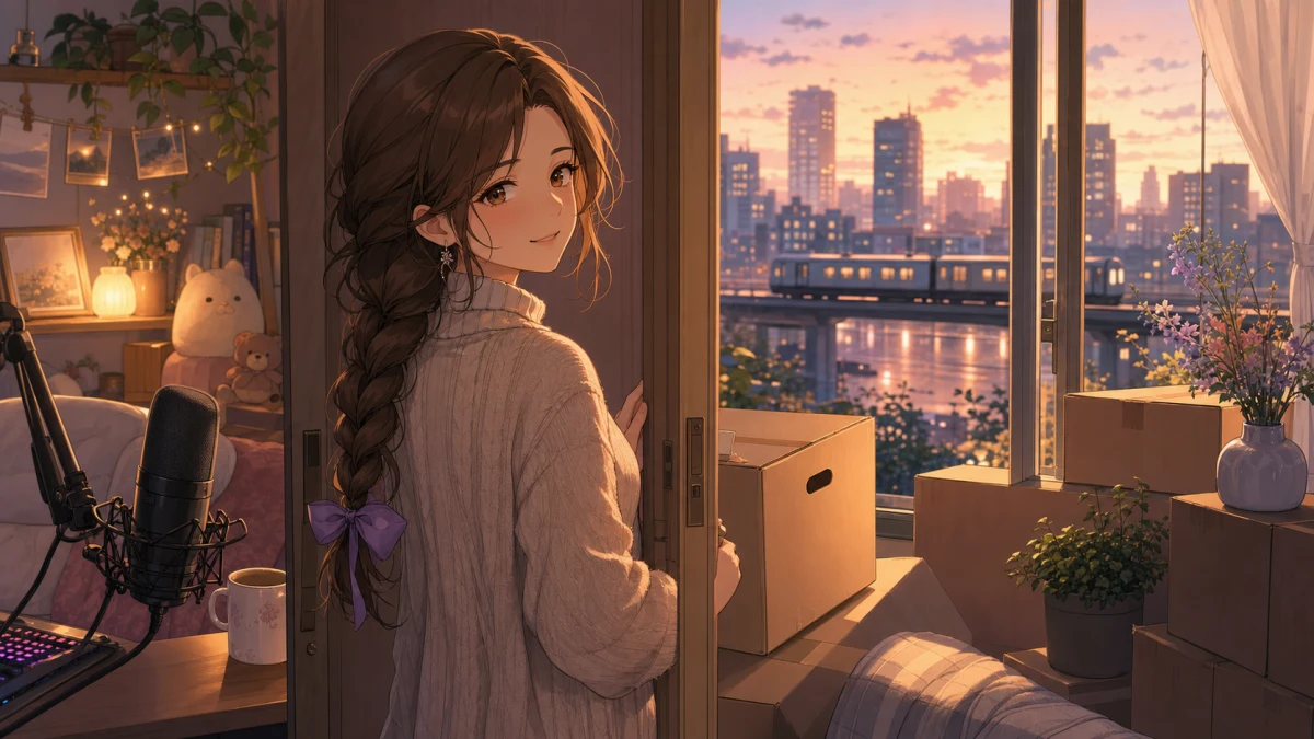 配信部屋の入口で荷物とマイクを前に街を離れる準備をする女性キャラクターのイメージ