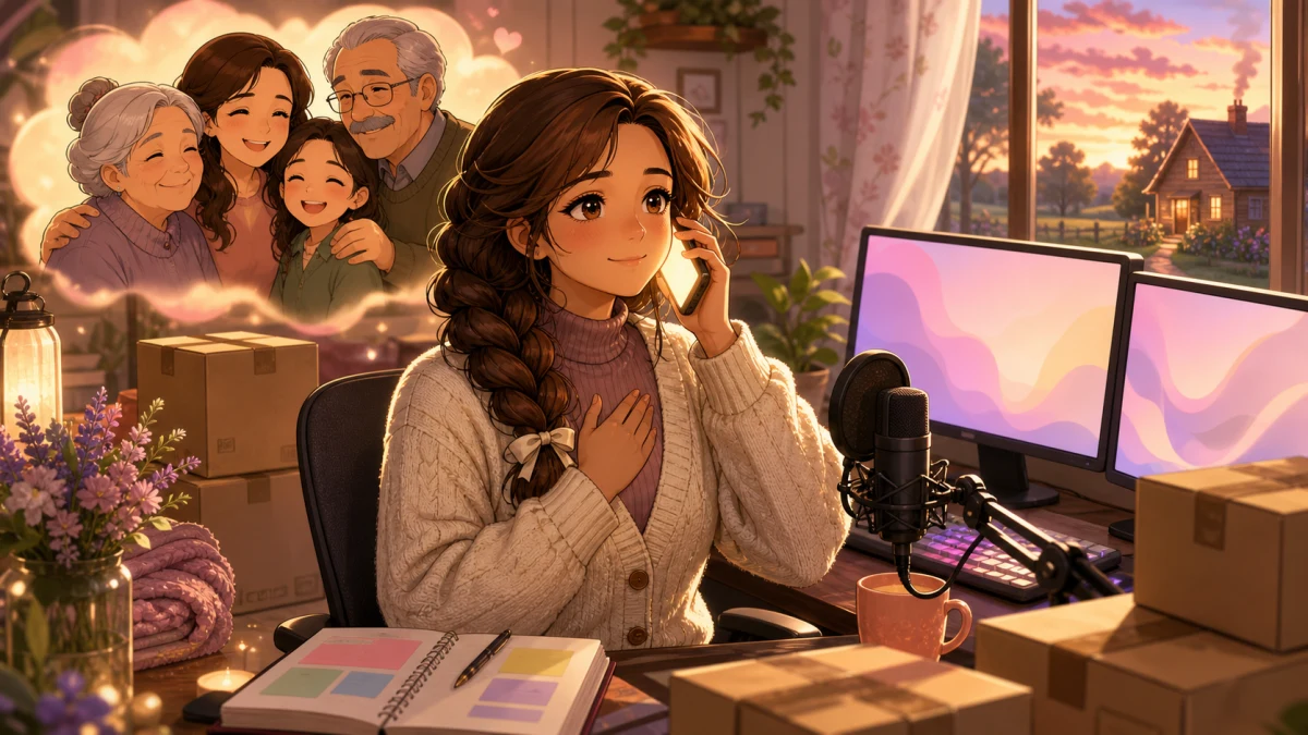 配信机でマイクとモニターを前に家族との通話を思わせる光を見る女性キャラクターのイメージ