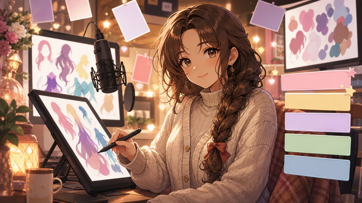 デジタル作業机で抽象的な配色カードとタブレットを見ながら活動計画を整える女性キャラクターのイメージ