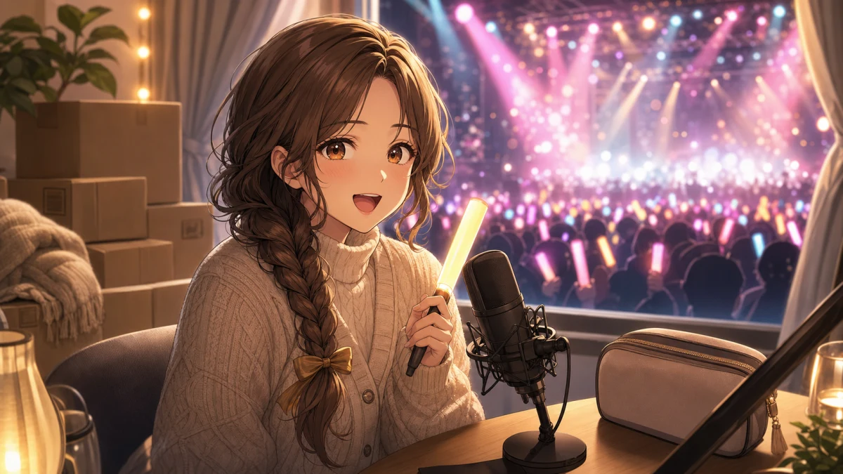 ステージライトと光るペンライトを背景にマイクのそばでライブを楽しみにする女性キャラクターのイメージ