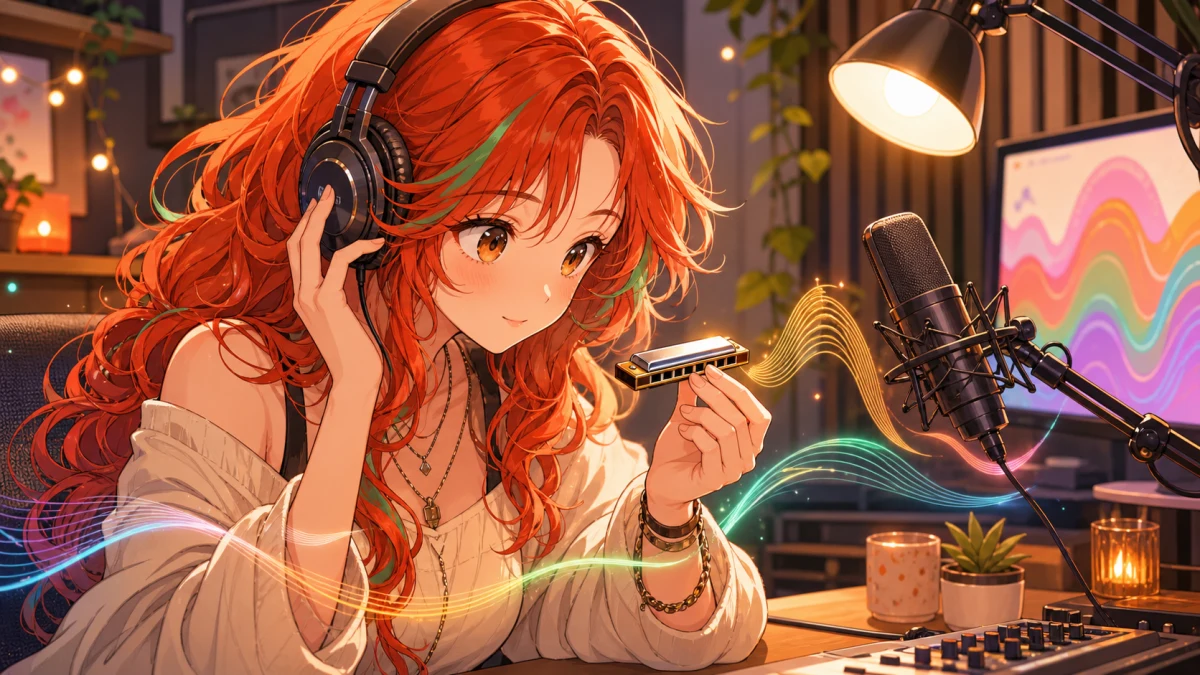 明るい配信部屋で音波モニターと小さなハーモニカの見本を見比べる女性キャラクターのイメージ