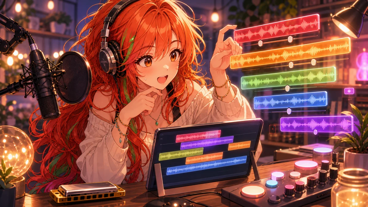 音声編集画面の抽象UIを前に録音テイクを重ねて首をかしげる女性キャラクターのイメージ