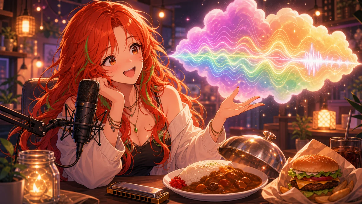 録音テイクの波形が重なる画面の前で笑いながら次の予定を示す女性キャラクターのイメージ