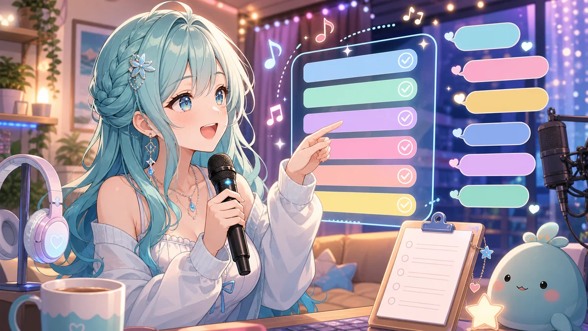 曲リストと権利チェックのアイコンを見ながらコメント欄に反応する女性キャラクターのイメージ