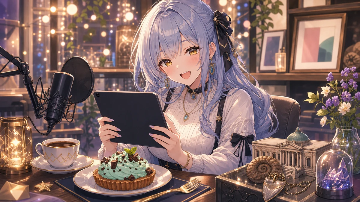カフェのテーブルと展示チケットを前にコメントを読んで笑う女性キャラクターのイメージ