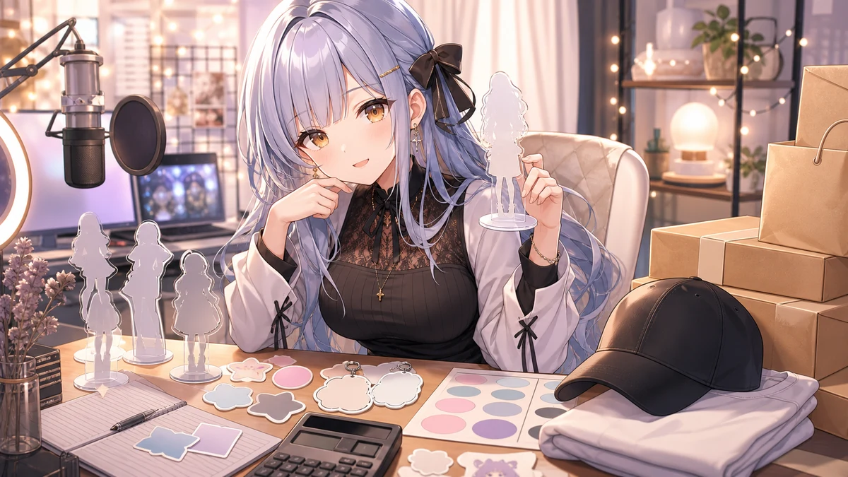 アクリルスタンドや帽子の小物を前に値札を確認する女性キャラクターのイメージ