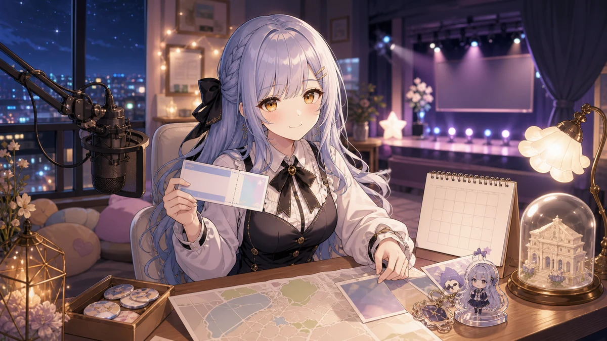 夜の配信部屋で地図とチケットと小物を並べて一日を振り返る女性キャラクターのイメージ