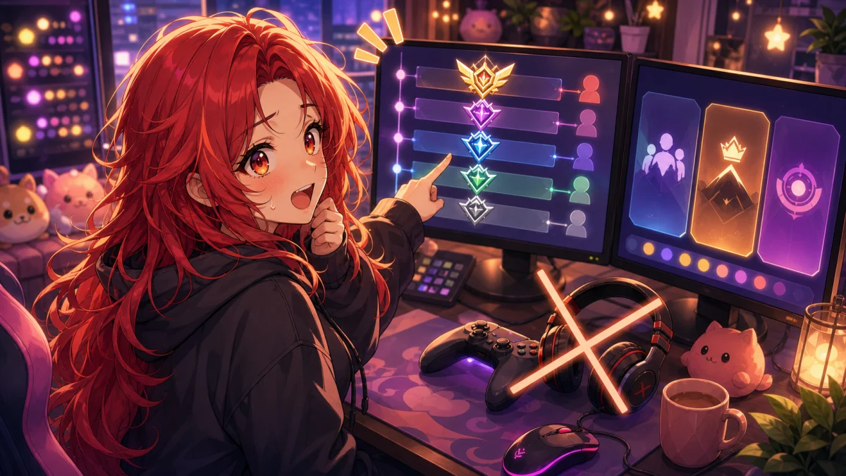 明るいゲーム部屋でランク表とコントローラーを前に相談する赤髪のオリジナル女性キャラクター