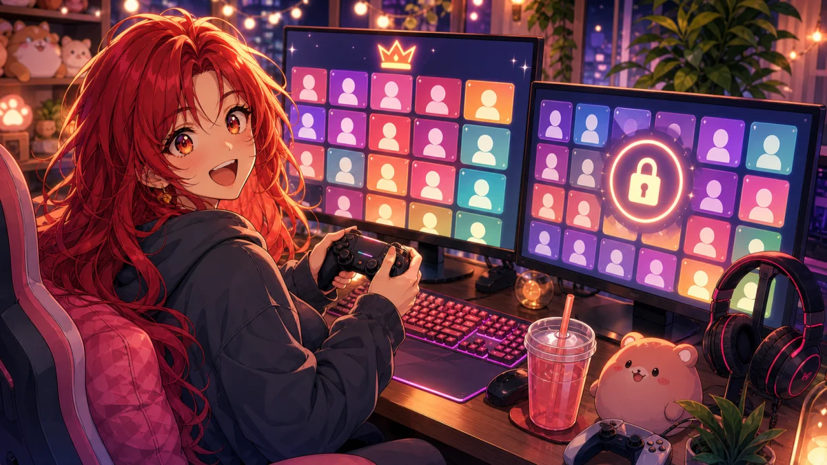 カスタムマッチのロビーを思わせる抽象UIと光る参加枠を前に笑う赤髪のオリジナル女性キャラクター