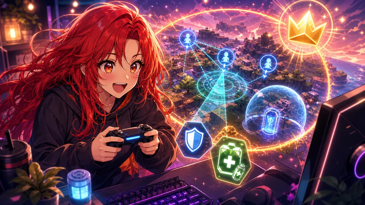リング際の抽象的なバトルフィールドで索敵アイコンとシールドを見ながら喜ぶ赤髪のオリジナル女性キャラクター