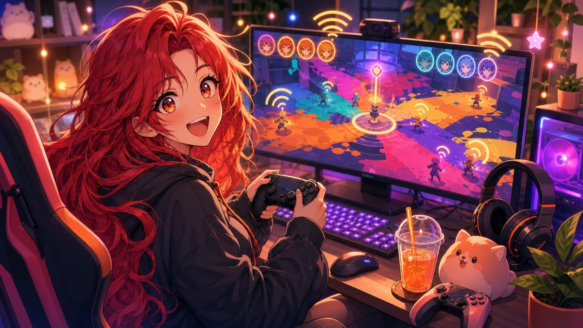 別の対戦ゲームへ移った夜のモニター前で作戦メモとドリンクを並べる赤髪のオリジナル女性キャラクター