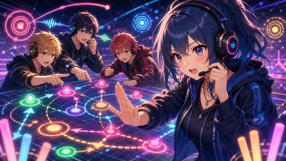 試合中の短いコールと抽象UIをかわいく表現したVALORANT風チーム戦イラスト