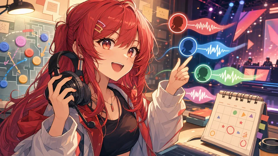 練習中の作戦トークンと声の波が大会ステージへつながるイラスト