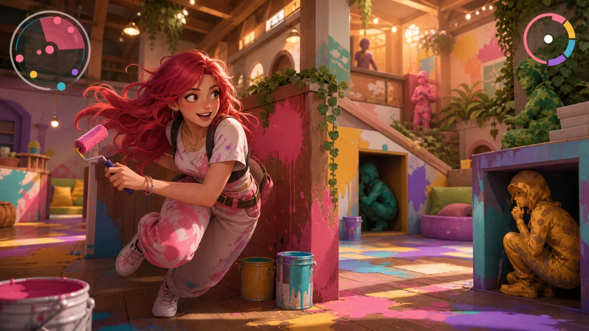カラフルな部屋でペイント缶を手に隠れ場所を探すオリジナル女性キャラクターのイメージ