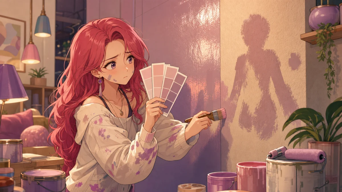 壁の色を見比べながら自分の服を塗り直すオリジナル女性キャラクターのイメージ