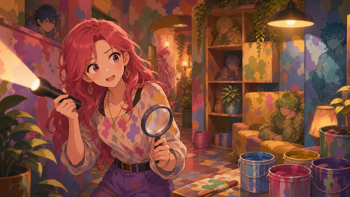 スポットライトを持ってカラフルな室内を探し回るオリジナル女性キャラクターのイメージ
