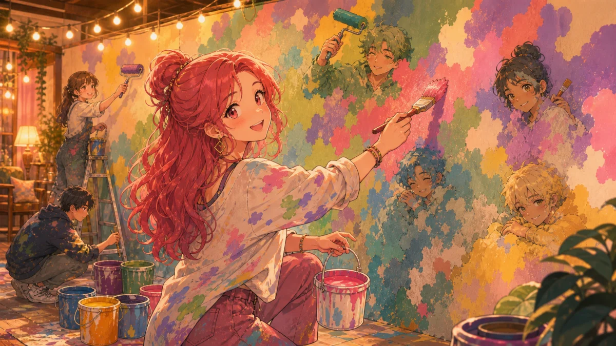 大きな壁画の一部に紛れるため複数人で色を塗るオリジナル女性キャラクターのイメージ