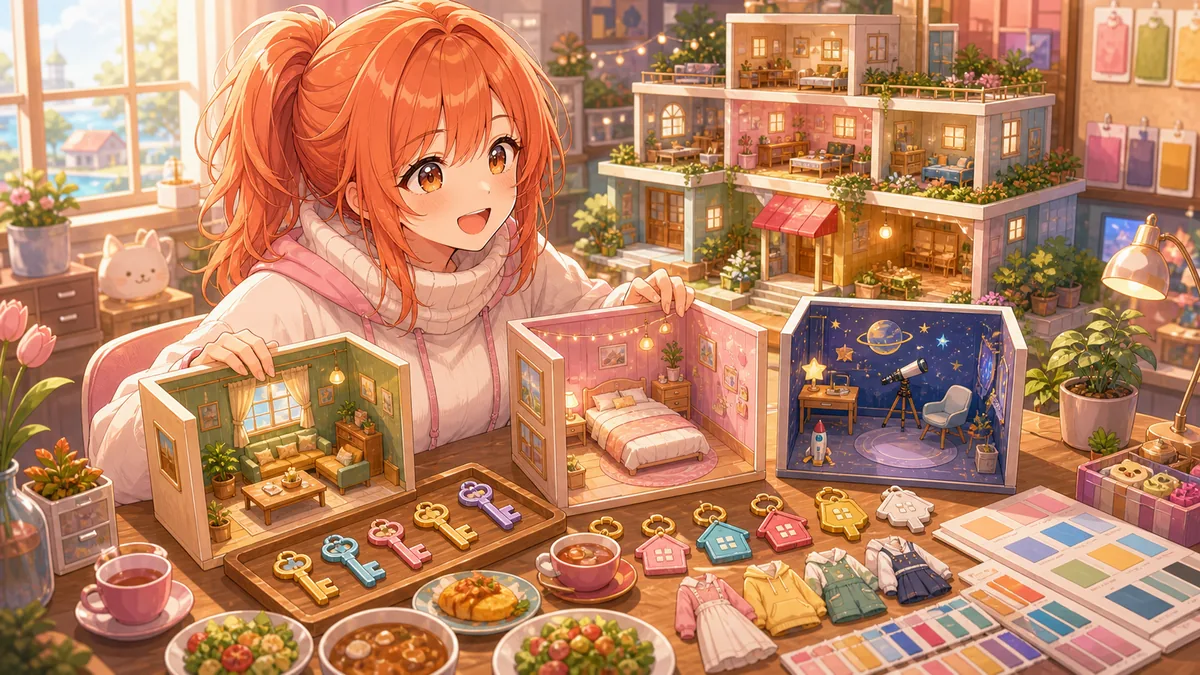 部屋替えと小物選びで住民の生活を整えるオリジナル女性キャラクターのイメージ