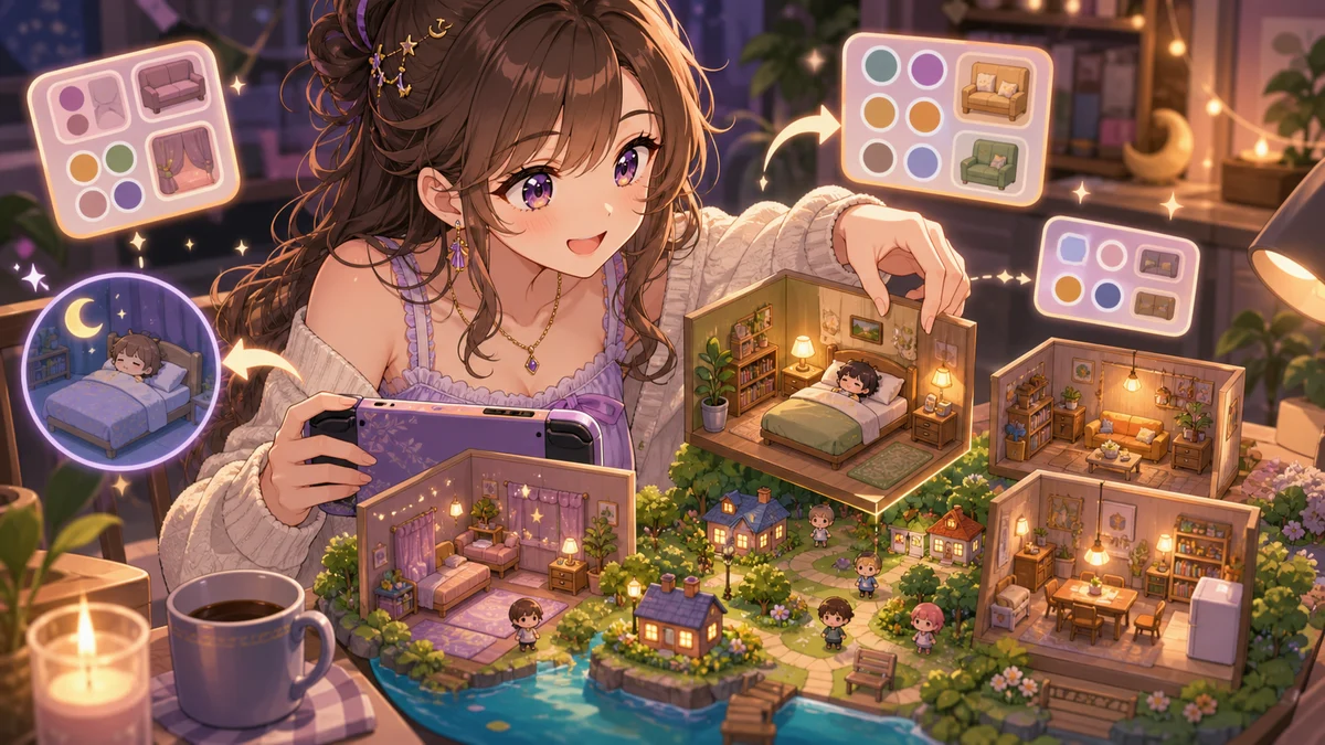 小さな部屋の内装を選ぶ女性キャラクターと島の模型が並ぶ場面