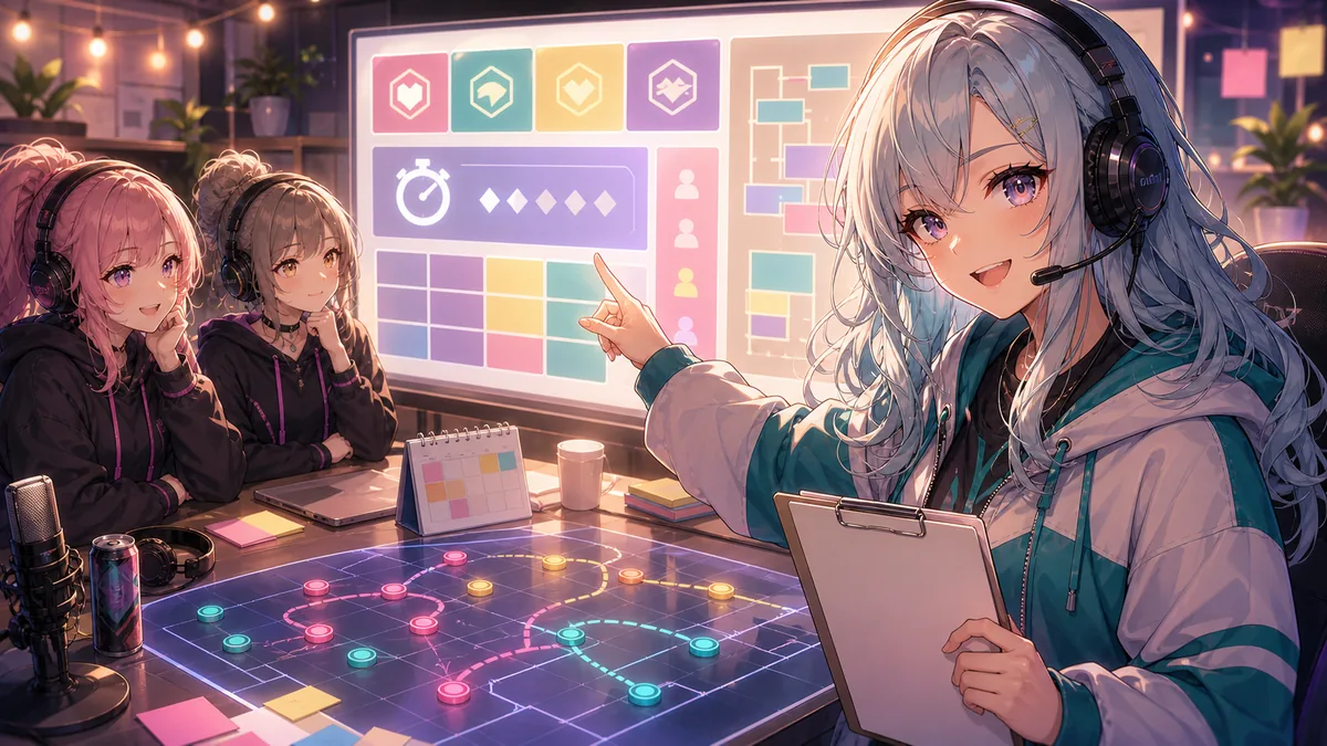 大会ルールの画面共有を見ながら作戦メモを取るオリジナル女性キャラクターのイメージ