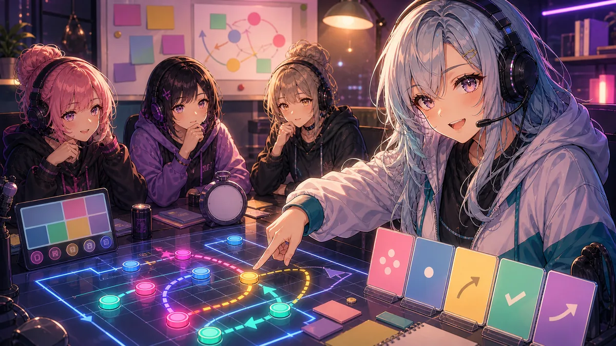 明るい作戦ルームでビンゴコールとアンカー配置を確認するオリジナル女性キャラクターのイメージ
