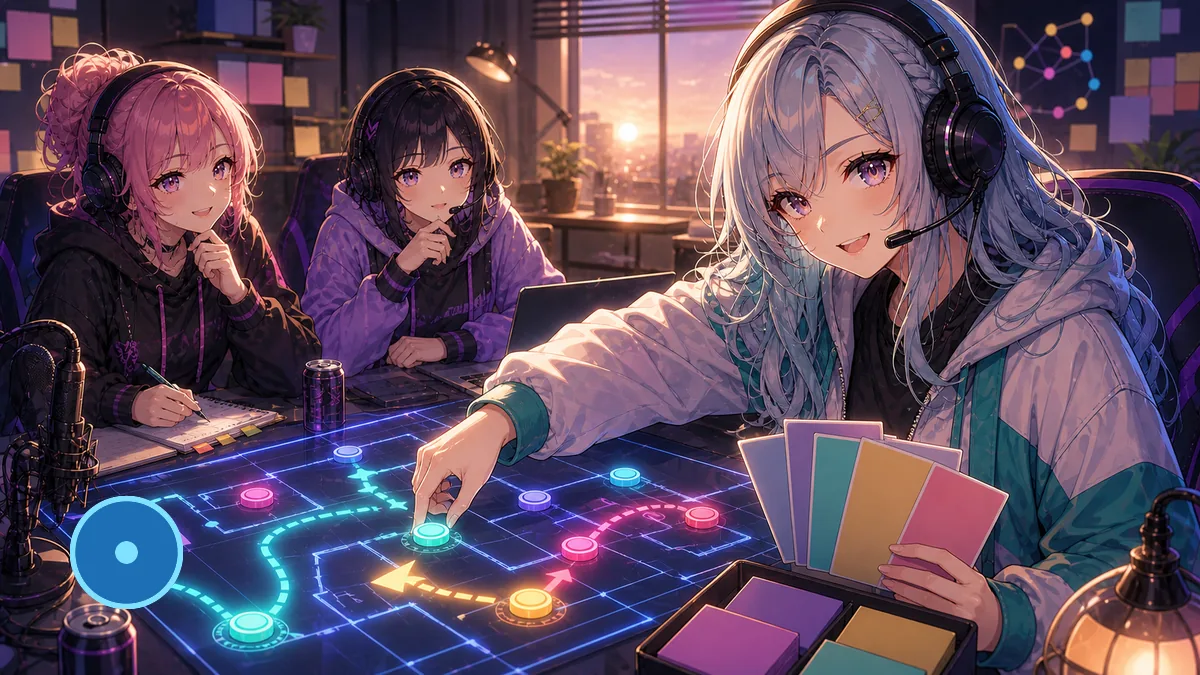 Aラークの矢印と翌日のマップ予定を整理するオリジナル女性キャラクターのイメージ