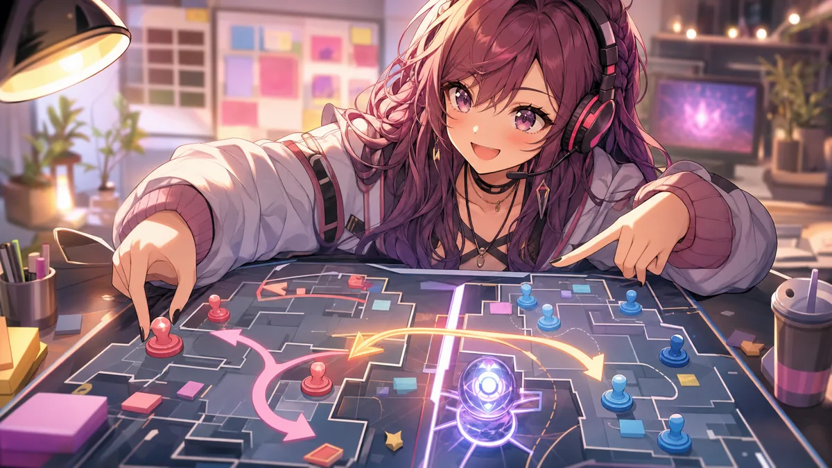 ラークの切り返しとチームの攻め先を考えるオリジナル女性キャラクターのイメージ