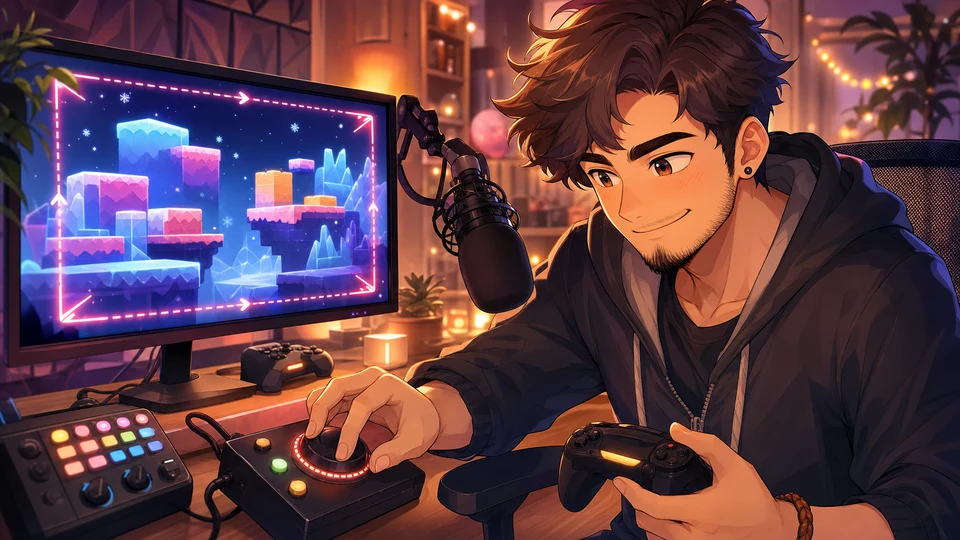 明るい配信部屋でゲーム画面を調整しながらコントローラーを握る男性キャラクター