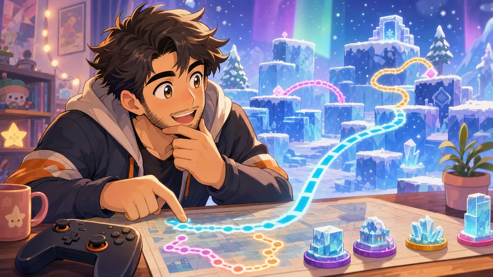 雪と足場を思わせる抽象的なゲーム背景の前で進路を考える男性キャラクター