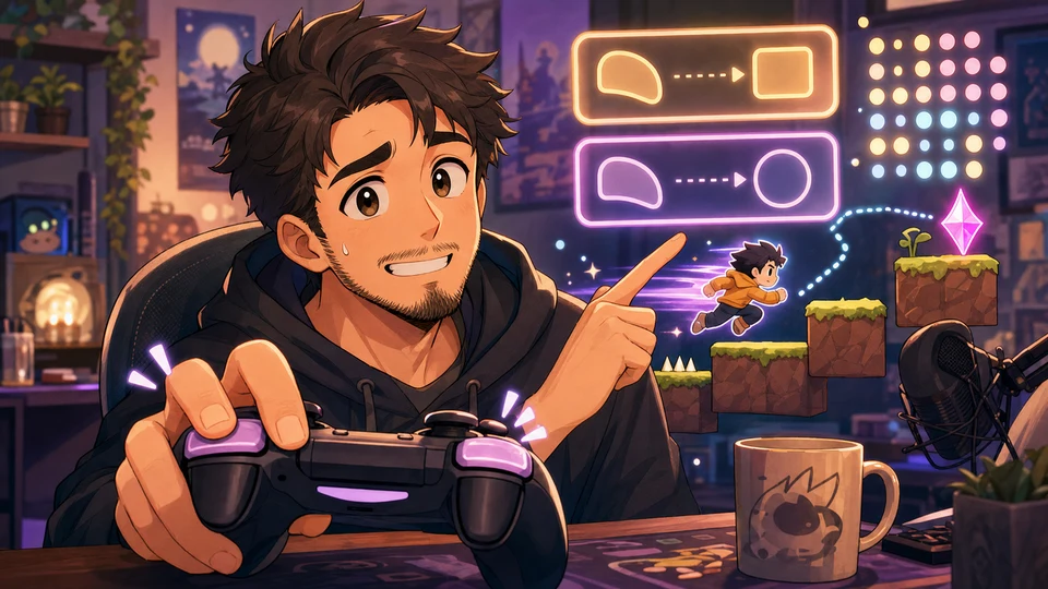 レトロな操作設定画面を思わせる抽象UIとコントローラーを前に首をかしげる男性キャラクター