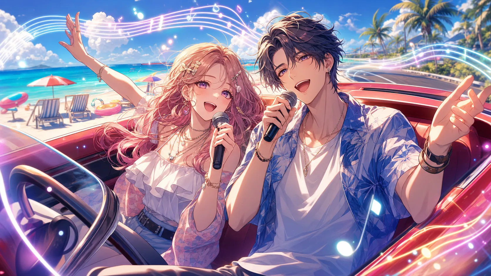 海辺の道と音符で夏曲の字幕演出を表すイメージ