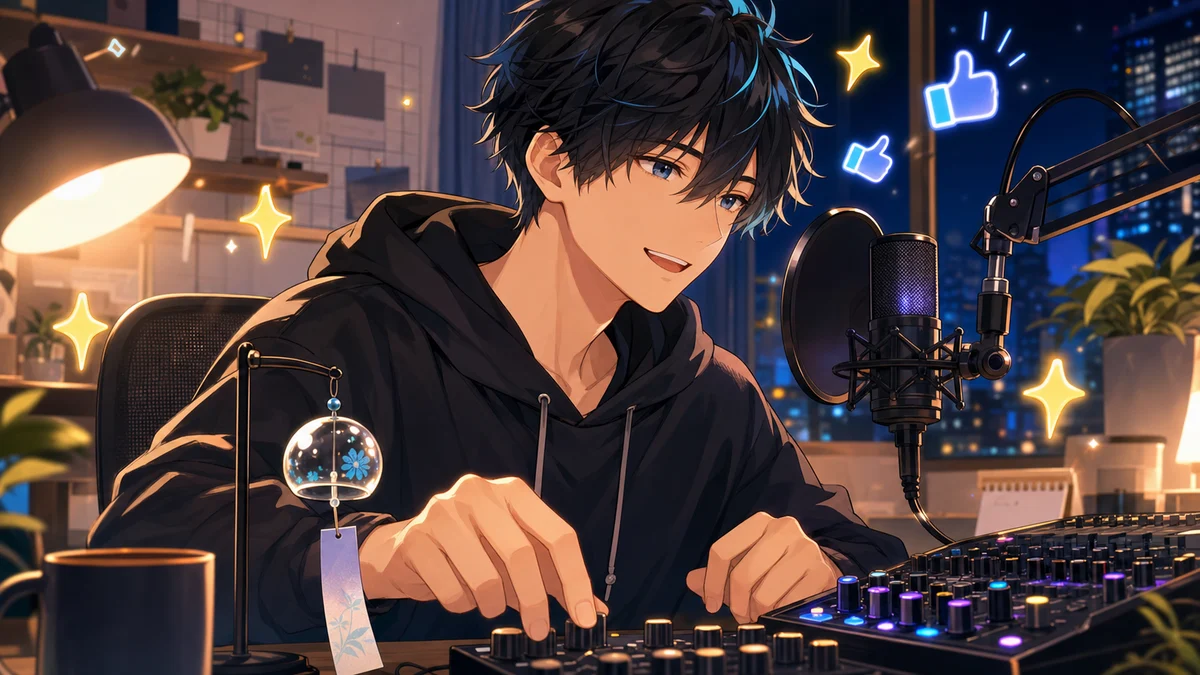 夜の配信机で風鈴と音量つまみを確かめる男性キャラクターのイメージ