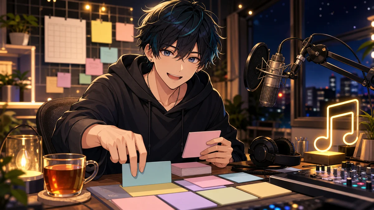 通話カードと音楽メモを夜の配信机に並べる男性キャラクターのイメージ