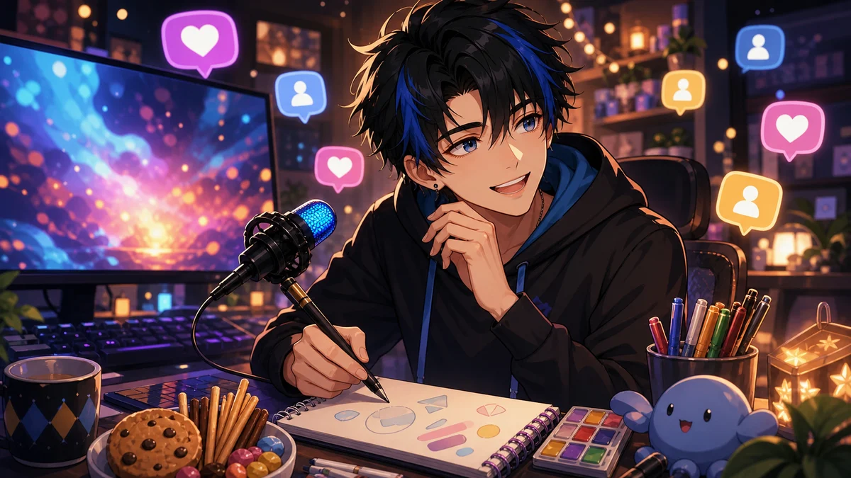ゲーム画面とコメント欄を見ながら会話する男性キャラクターのイメージ