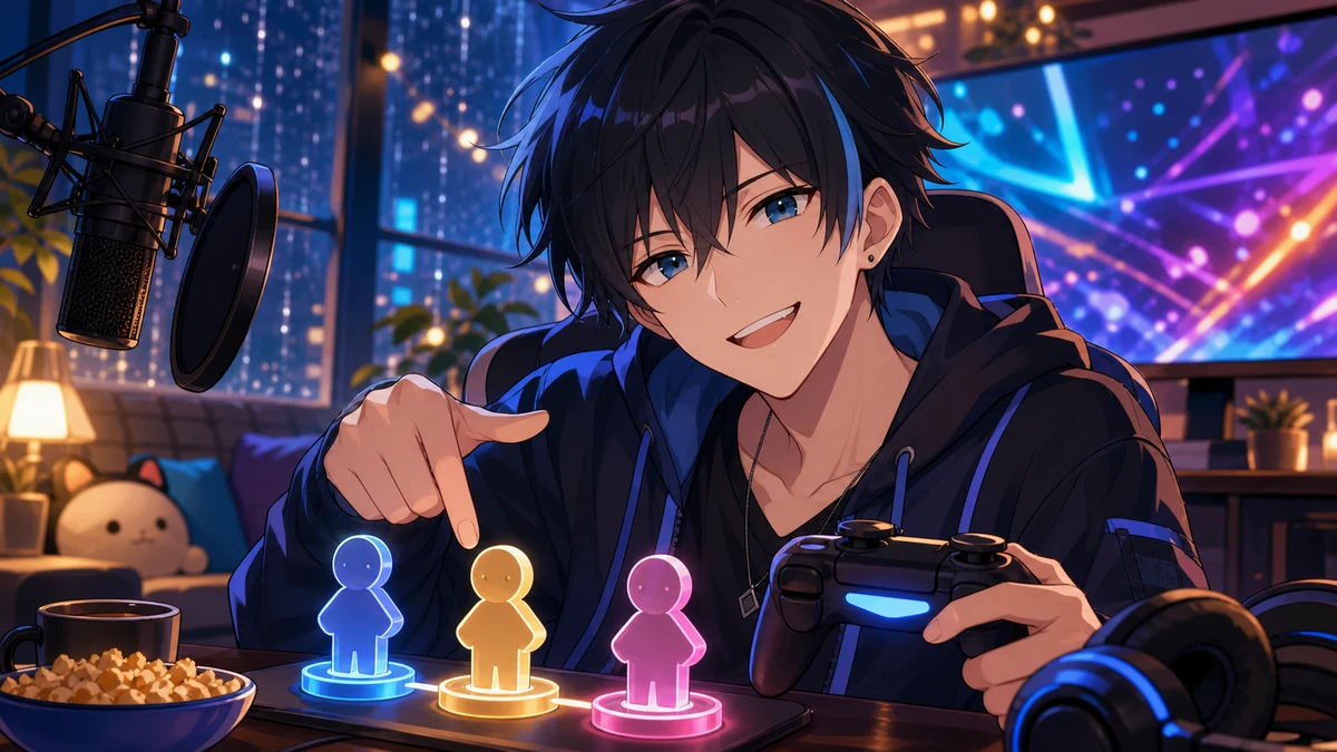 参加ルールを確認しながら仲間とゲームに向かう配信のイメージ