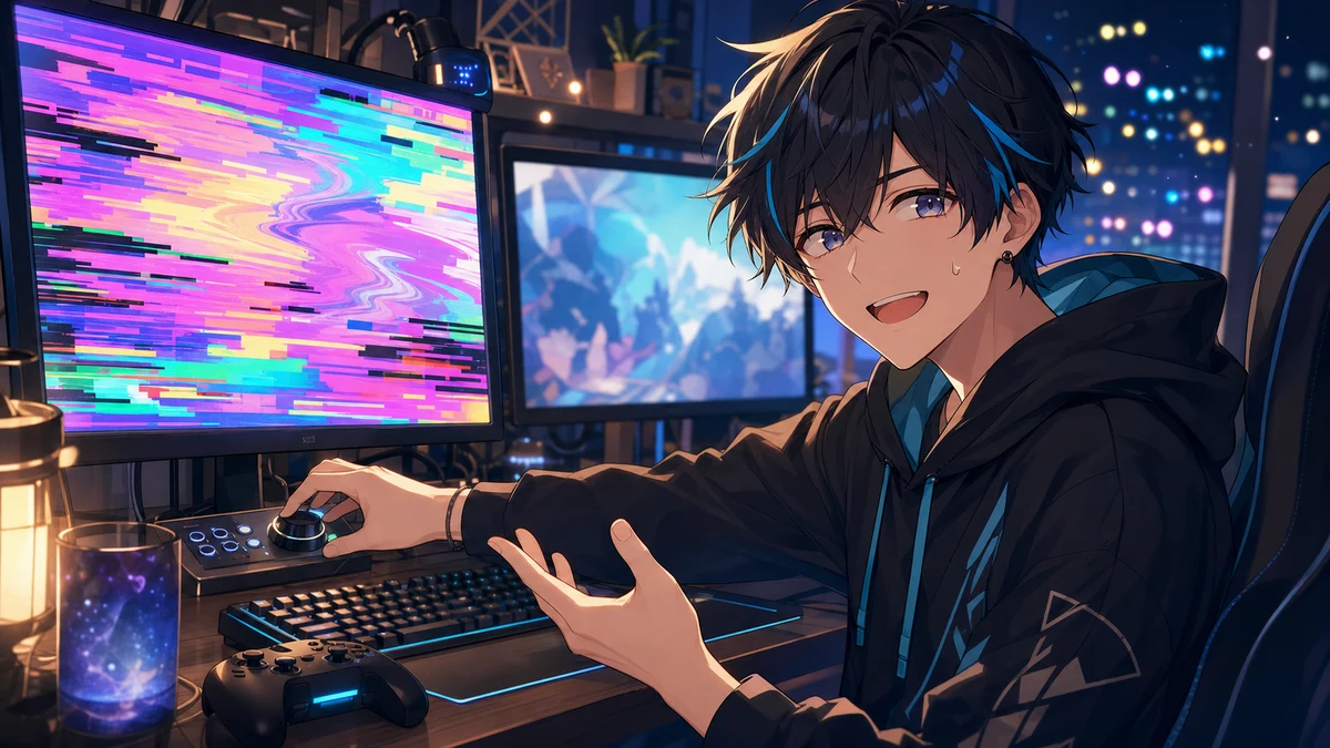 配信部屋で光るモニターと抽象的なエラー表示を見ながらコントローラーを握る男性キャラクターのイメージ